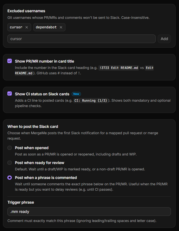 Notification preferences for excluded usernames, card titles, and post trigger phrase