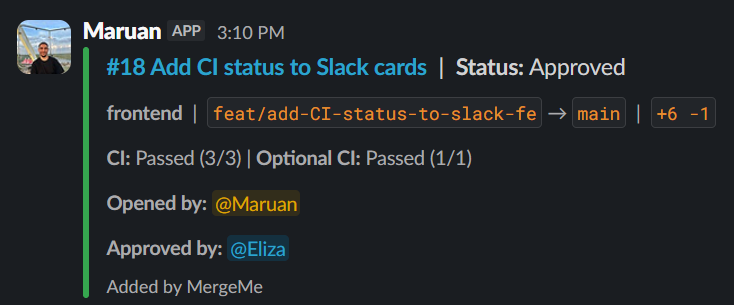 Slack PR card with status Approved