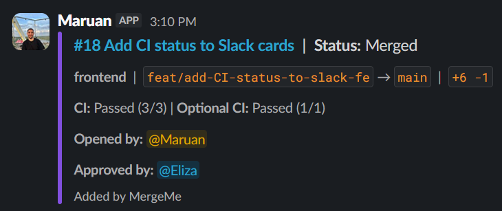 Slack PR card with status Merged