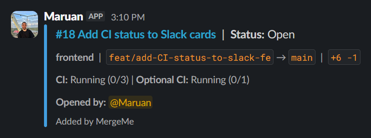 Slack PR card with status Open and CI starting