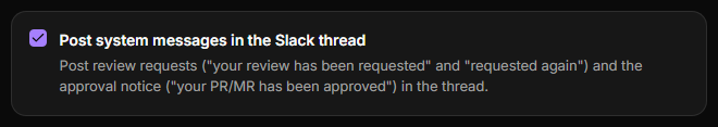 Post system messages in the Slack thread, turned on