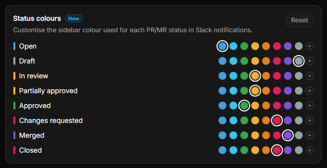 Status colours preferences, with Reset in the top right, a selected preset for each PR/MR status, and a custom colour button